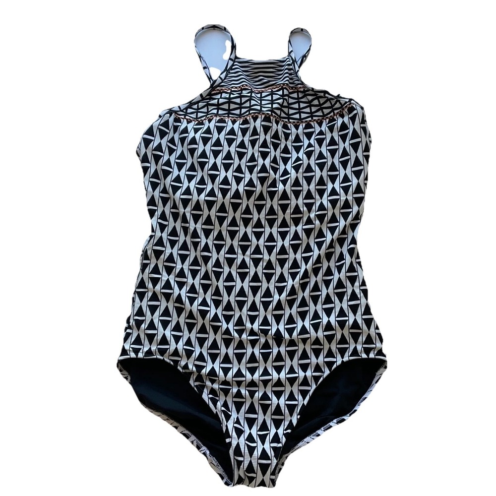 Seafolly Australia One Piece Swimsuit Racerback Graphic B & W Fringe Size 12